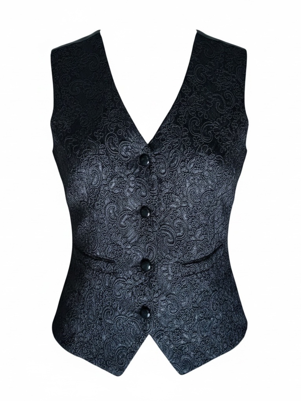 Vintage 90s Black Paisley Jacquard Vest - Tailored Button-Front Waistcoat